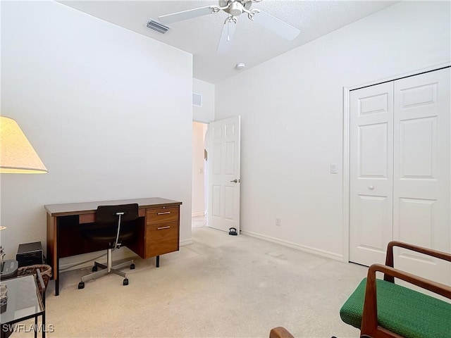 20716 Tisbury Ln, North Fort Myers, FL 33917 - office area with light carpet, visible vents, baseboards, and a ceiling fan