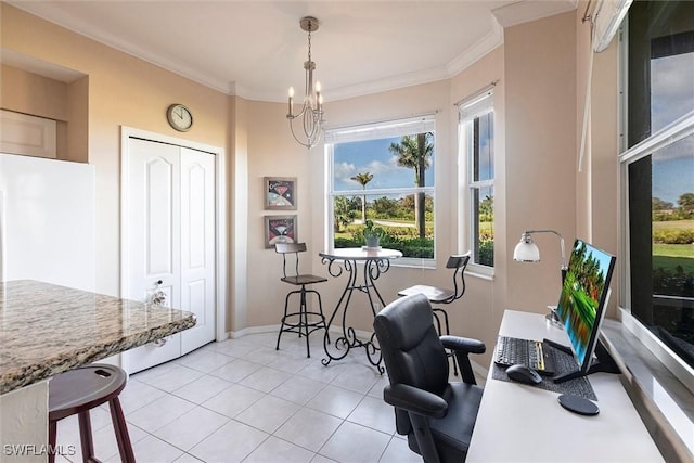 office area with light tile patterned floors, baseboards, ornamental molding, and a chandelier