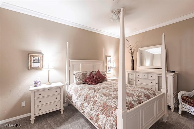 bedroom featuring dark colored carpet, ornamental molding, connected bathroom, and baseboards