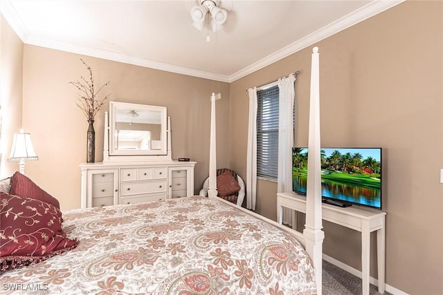 bedroom featuring carpet floors, ornamental molding, and baseboards