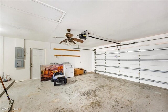 garage with a ceiling fan, electric panel, and a garage door opener