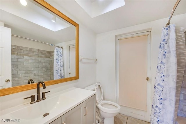 bathroom with a shower with curtain, toilet, tile patterned flooring, and vanity