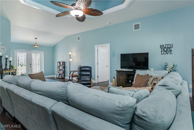 2714 SW 28th Ave, Cape Coral, FL 33914 - living area featuring vaulted ceiling, baseboards, visible vents, a ceiling fan, and wood finished floors
