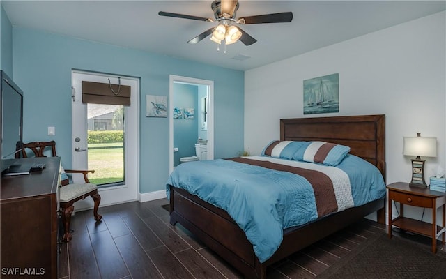 2714 SW 28th Ave, Cape Coral, FL 33914 - bedroom featuring baseboards, dark wood-style floors, ensuite bath, ceiling fan, and visible vents
