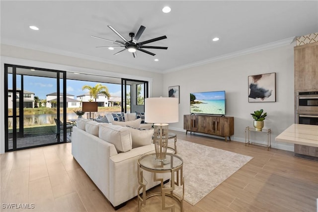 20333 Fair Oak Ln, Estero, FL 33928 - living room with baseboards, ornamental molding, recessed lighting, a ceiling fan, and light wood-style floors