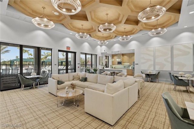 20333 Fair Oak Ln, Estero, FL 33928 - living area featuring a high ceiling and coffered ceiling