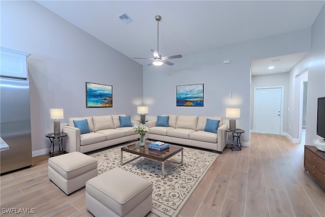 4636-4638 29th St SW, Lehigh Acres, FL 33973 - living room with visible vents, ceiling fan, baseboards, and light wood-style floors