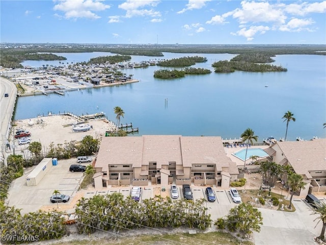 drone / aerial view featuring a water view