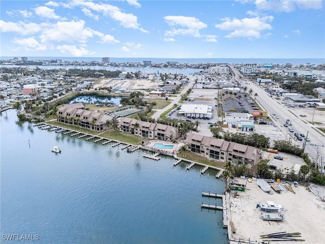 drone / aerial view with a water view