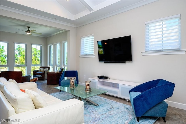 6561 Dominica Dr Unit 8-201, Naples, FL 34113 - living area featuring ceiling fan, plenty of natural light, crown molding, and baseboards