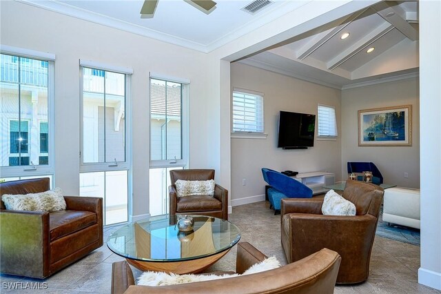 6561 Dominica Dr Unit 8-201, Naples, FL 34113 - living area with recessed lighting, tile patterned floors, crown molding, visible vents, and lofted ceiling
