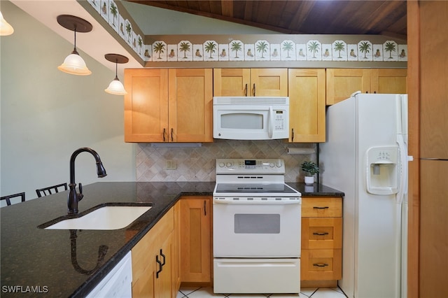 16860 Ginger Ln Unit 3049, Fort Myers, FL 33908 - kitchen featuring white appliances, backsplash, a sink, dark stone countertops, and pendant lighting