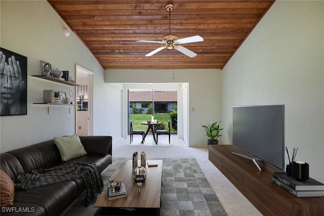 16860 Ginger Ln Unit 3049, Fort Myers, FL 33908 - living area with carpet flooring, lofted ceiling, wood ceiling, and ceiling fan