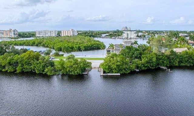 birds eye view of property featuring a water view and a city view