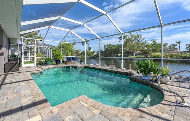 outdoor pool with a water view, a lanai, and a patio area