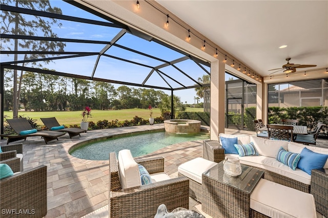 7523 Moorgate Point Way, Naples, FL 34113 - view of swimming pool featuring an outdoor living space, ceiling fan, a pool with connected hot tub, and a patio area