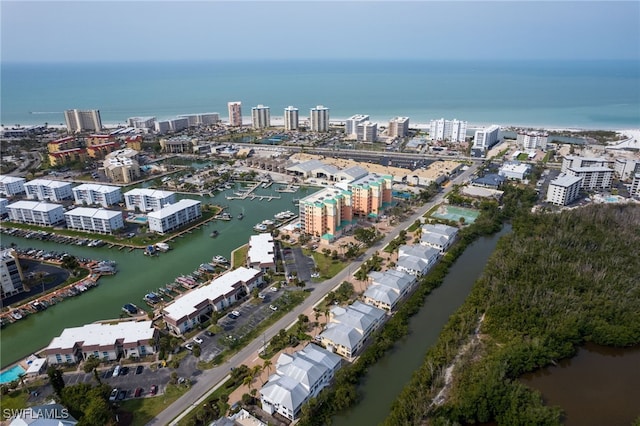 aerial view featuring a water view and a city view