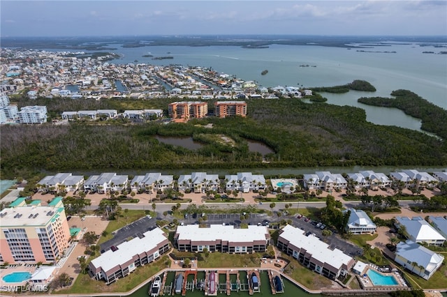 bird's eye view with a water view