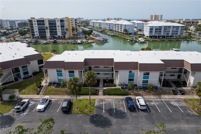 bird's eye view with a water view