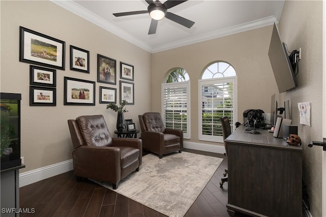 2613 Stonyhill Ct, Cape Coral, FL 33991 - office space featuring a ceiling fan, dark wood-style flooring, baseboards, and crown molding