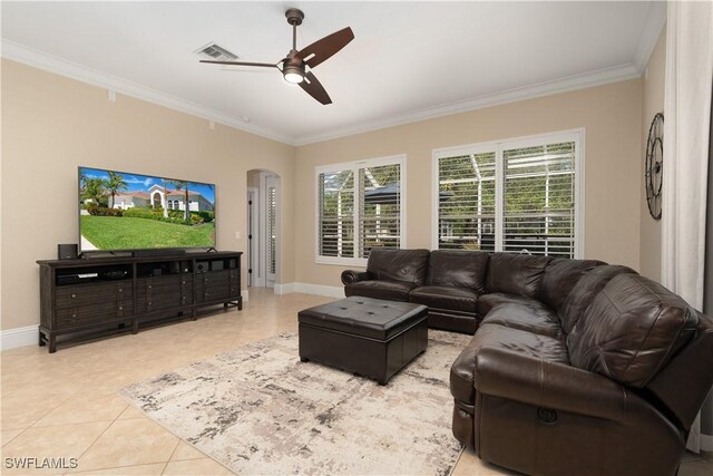 2613 Stonyhill Ct, Cape Coral, FL 33991 - tiled living area featuring visible vents, crown molding, ceiling fan, arched walkways, and baseboards
