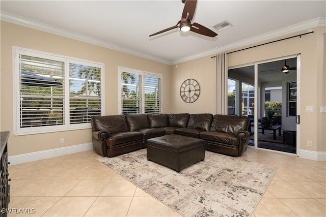 2613 Stonyhill Ct, Cape Coral, FL 33991 - living area with light tile patterned floors, a ceiling fan, crown molding, visible vents, and baseboards