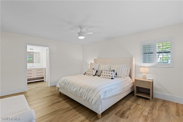 222 Harbour Dr Unit 104, Naples, FL 34103 - bedroom with a ceiling fan, connected bathroom, baseboards, and light wood finished floors