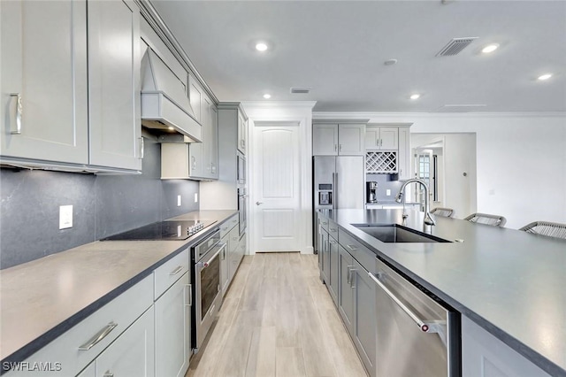 kitchen featuring gray cabinets, visible vents, a sink, and stainless steel appliances