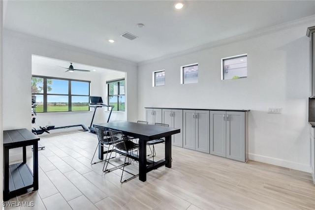 dining area with baseboards, ceiling fan, visible vents, and recessed lighting