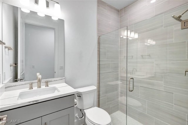 full bath with a shower stall, toilet, and vanity