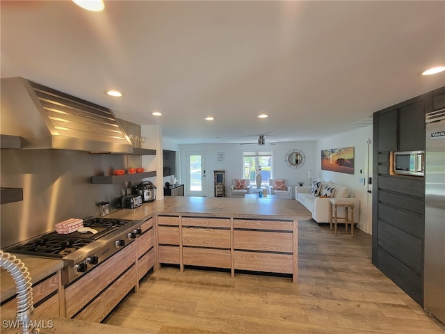 160 Coral Vine Dr, Naples, FL 34110 - kitchen with open floor plan, island range hood, light wood finished floors, a peninsula, and appliances with stainless steel finishes
