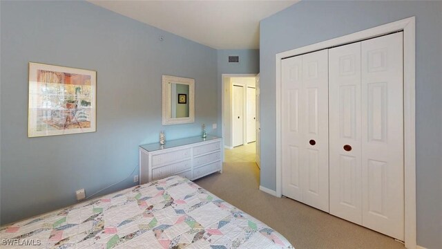 carpeted bedroom with a closet and baseboards