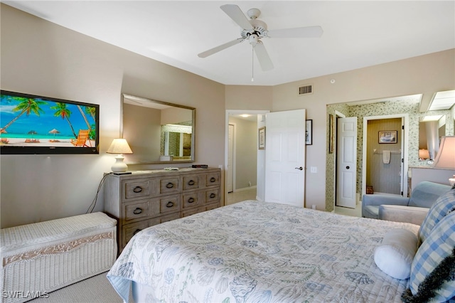 bedroom with ceiling fan and carpet flooring