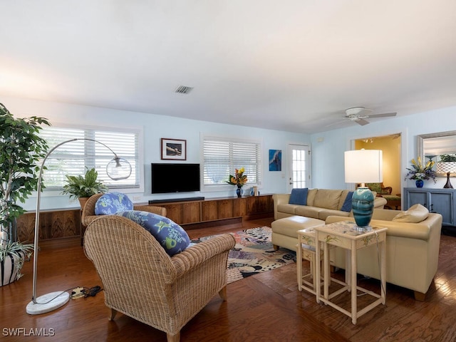 4738 Jackfish St, Bonita Springs, FL 34134 - living room with visible vents, a ceiling fan, and wood finished floors
