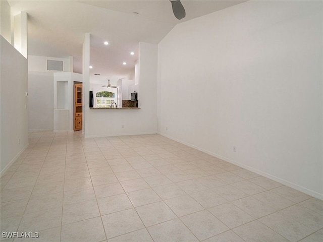 unfurnished living room with light tile patterned flooring, baseboards, visible vents, recessed lighting, and a ceiling fan