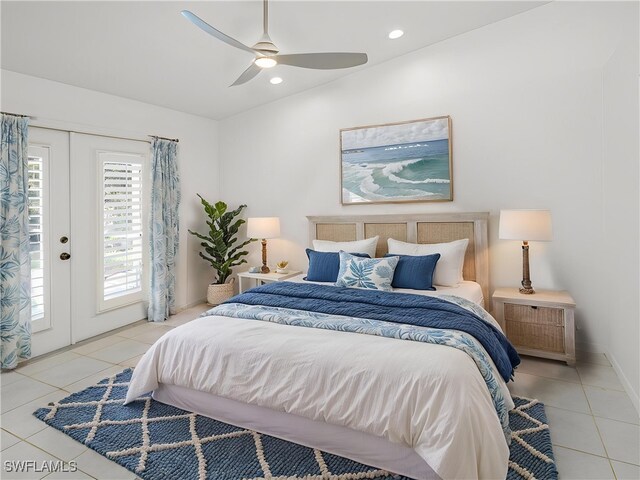 bedroom featuring a ceiling fan, tile patterned flooring, access to exterior, and recessed lighting