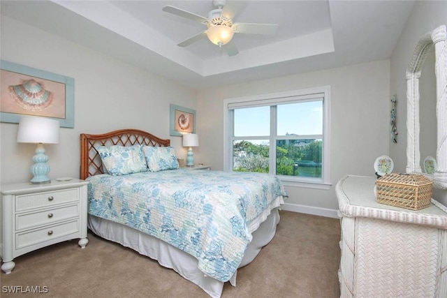 bedroom with baseboards, carpet flooring, and a raised ceiling
