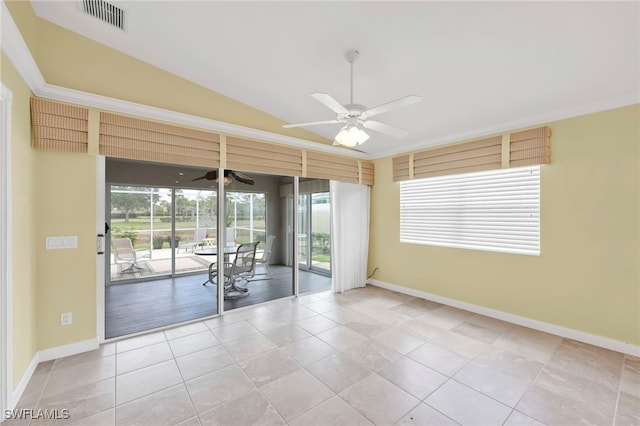 7547 Novara Ct, Naples, FL 34114 - unfurnished room featuring baseboards, visible vents, ceiling fan, and vaulted ceiling