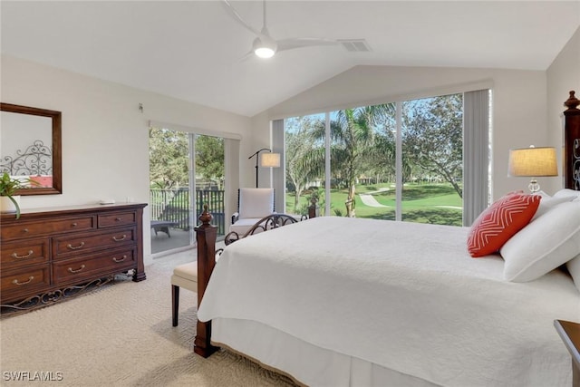 bedroom featuring ceiling fan, light colored carpet, visible vents, access to exterior, and lofted ceiling