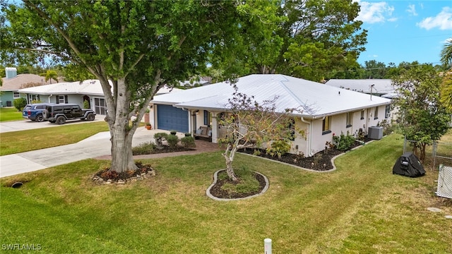 single story home with a front yard, concrete driveway, central air condition unit, stucco siding, and a garage