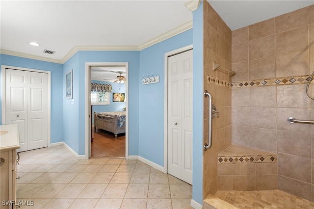 ensuite bathroom featuring ornamental molding, tile patterned floors, ensuite bath, visible vents, and tiled shower