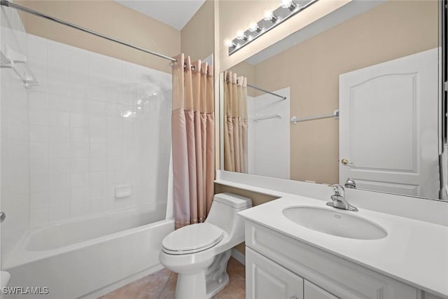 bathroom with tile patterned flooring, vanity, toilet, and shower / tub combo with curtain