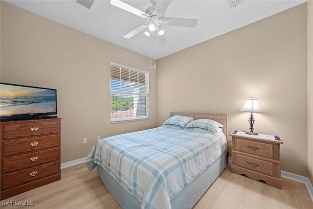 bedroom featuring ceiling fan, baseboards, light wood finished floors, and visible vents