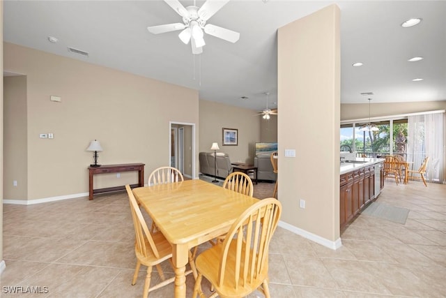 dining room with a ceiling fan, light tile patterned floors, baseboards, visible vents, and recessed lighting