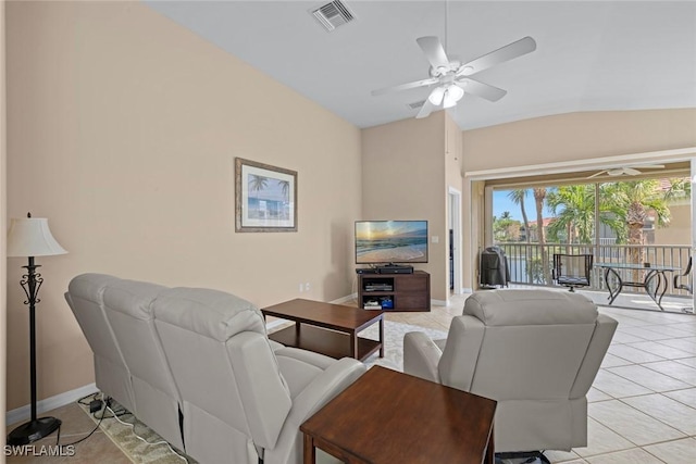 living room with vaulted ceiling, light tile patterned floors, baseboards, ceiling fan, and visible vents