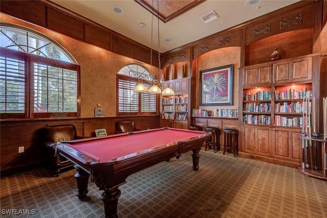 playroom featuring visible vents, billiards, and dark carpet