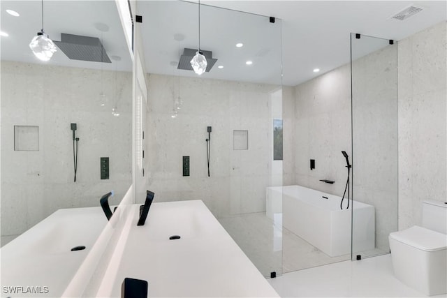 bathroom featuring a soaking tub, toilet, visible vents, recessed lighting, and a walk in shower
