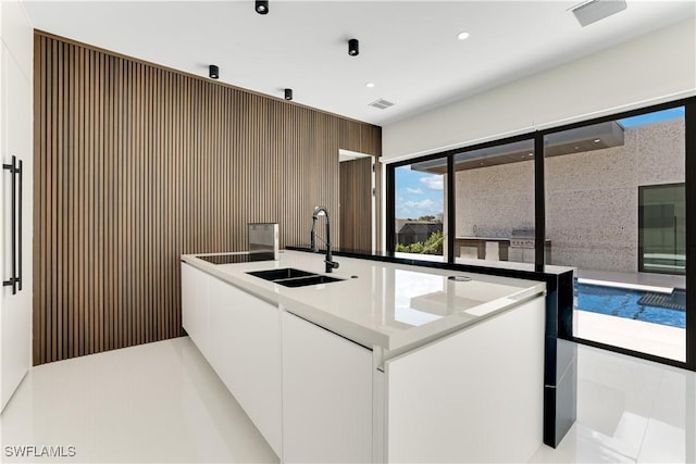 kitchen featuring white cabinets, modern cabinets, visible vents, and a sink