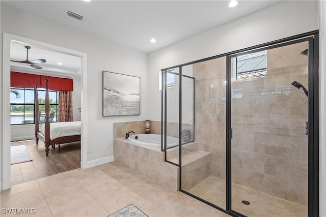 9476 Livorno Ct, Naples, FL 34119 - ensuite bathroom featuring a garden tub, a shower stall, recessed lighting, a ceiling fan, and tile patterned floors