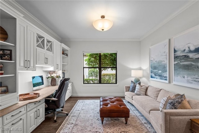 9476 Livorno Ct, Naples, FL 34119 - office space with built in study area, crown molding, and dark wood finished floors